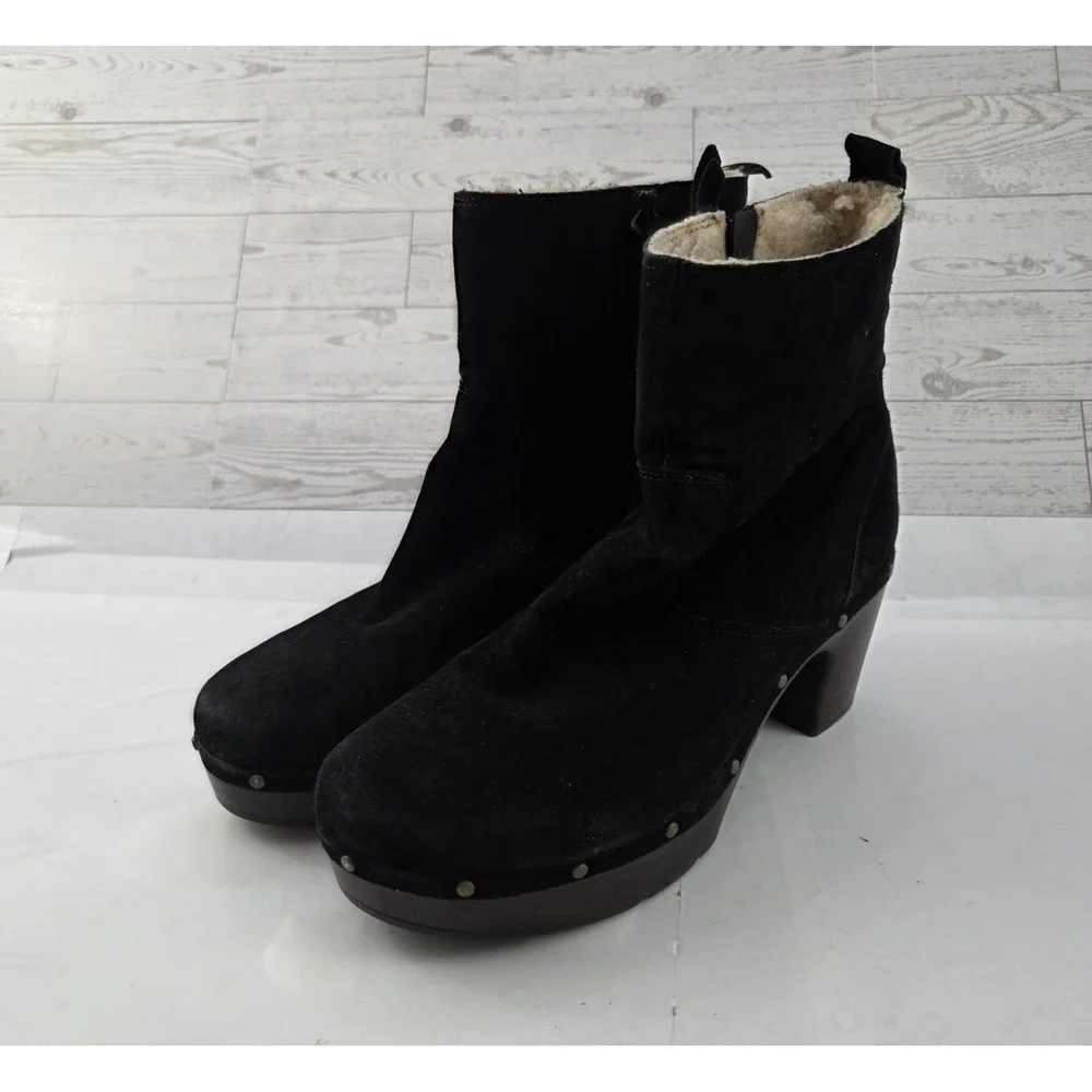 Clarks Boots Womens 11 Black Suede Platform Clog Faux Fur Lined Cozycore Winter